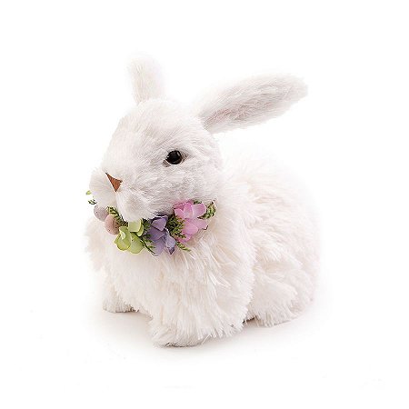 Coelho Decorativo Sentado Branco com Colar Florido - 1 unidade - Cromus - Rizzo