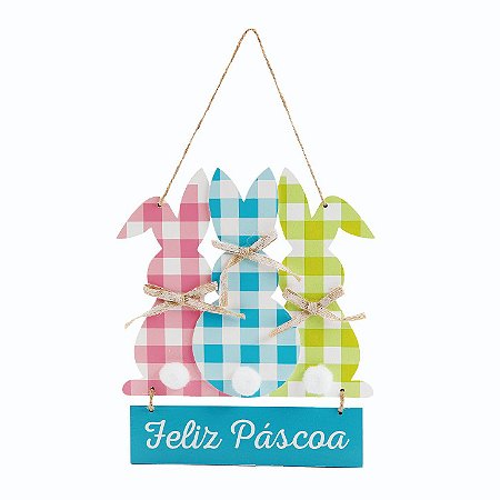 Placa para Pendurar Coelhinhos Coelho Feliz Páscoa - 30cm x 18cm - 1 unidade - Cromus Páscoa - Rizzo