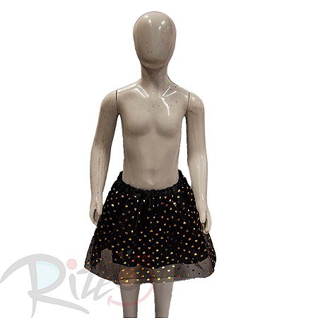 Saia Tule com estampa coração dourado - 30cm - Preto - Mod 422 - 01 unidade - Rizzo