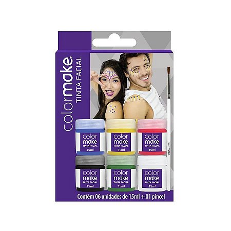 Tinta Facial Líquida 15 mL Cartela de 6 Cores + 01 Pincel - 1 unidade Pct. c/ 6 unds. - ColorMake - Rizzo