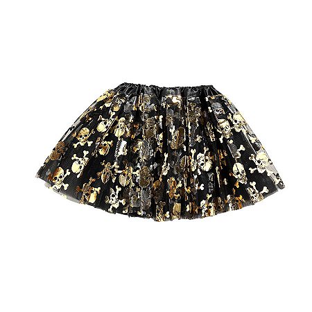 Saia Tule Preta com Estampa Caveira Dourada - 40cm - 1 unidade - Rizzo