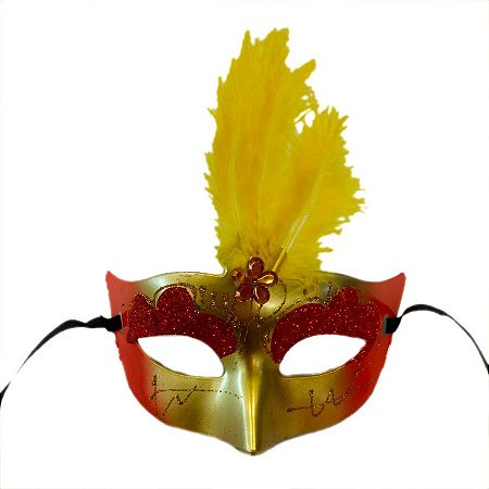 Máscara de Carnaval com Plumas Sortidas Mod 6801 - Dourado/Vermelho - 01 unidade - Rizzo