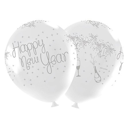 Balão de Festa Redondo Profissional Látex Decorado 11" 28cm - Happy New Year Branco - 25 Unidades - Art-Latex