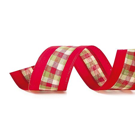 Fita Decorativa Natal Xadrez No Centro - Verde & Vermelho - 6,3x914cm - 1 UN - Cromus - Rizzo