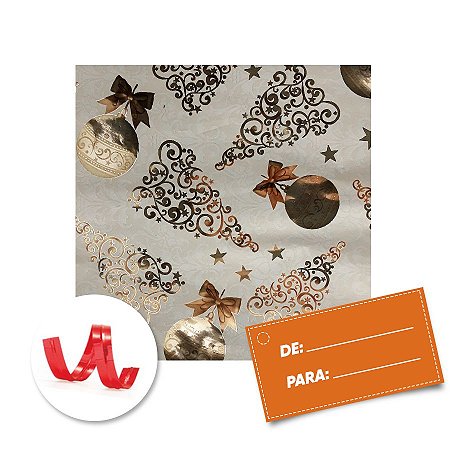 Kit Saco para Presente + Fecho de Natal + Cartão Bolas e Estrelas Douradas 20cm x 29cm 01 Unidade Cromus Rizzo