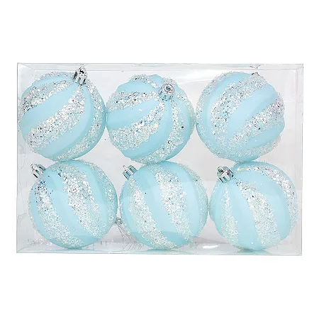 Kit Bola Listra Lantejoula - Trend Rainbow - Candy- Azul Claro- 8cm - 6 unidades - Cromus Natal - Rizzo