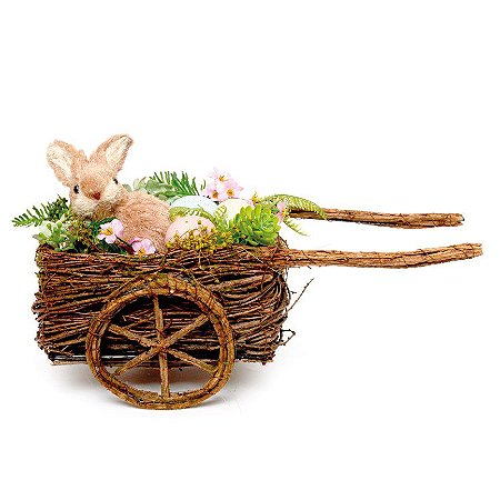 Carroça decorativa de Ratan c Coelho - 25cm x 35cm x 20cm - Cromus Páscoa - Rizzo Embalagens