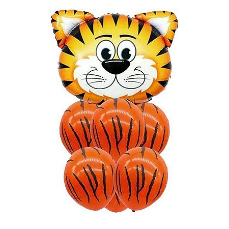 Buque de Balões Animal Print 24"- Tigre - 01 Balão Metalizado + 6 Balões Látex - Partiufesta - Rizzo