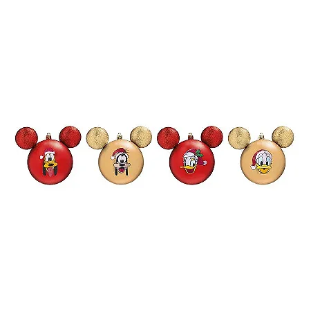 Kit Bolas Pateta, Pluto e Donald Vermelho e Dourado 8cm - 04 unidades Natal Disney - Cromus - Rizzo