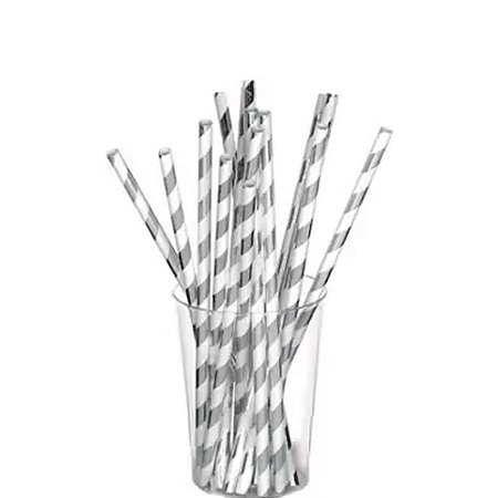 Canudo de Papel Nacarado Prateado Listra 20cm 20 Unidades