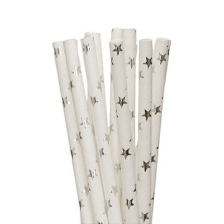 Canudo de Papel Nacarado Prateado Estrelas 20cm 20 Unidades