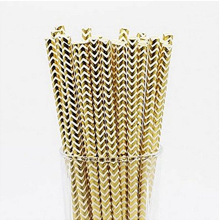 Canudo de Papel Nacarado Dourado Listrado 20cm 25 Unidades