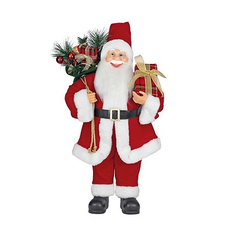 Papai Noel com Caixa de Presentes Xadrez Vermelho 60cm - 01 unidade Cromus Natal -
