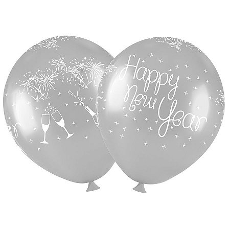 Balão de Festa Redondo Profissional Látex Decorado 11" 28cm - Happy New Year - 25 Unidades - Art-Latex