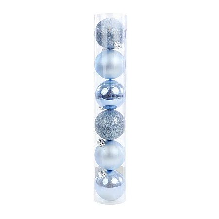Bola de Natal em Tubo - Brilho/Fosco/Glitter Azul - 8cm - 6 unidades - Cromus - Rizzo
