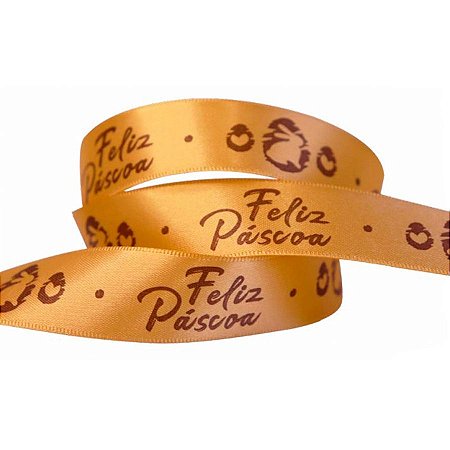 Fita de Páscoa em Cetim 22mmx10m Coelho Feliz Páscoa Ouro com Marrom ECF005D 257 Progresso Rizzo Embalagens