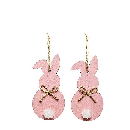 Tags de Páscoa Coelho Madeira Rosa com Pompom - 2 unidades - Cromus Páscoa