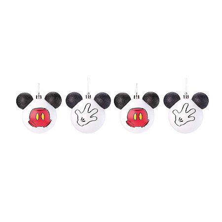 Bola de Natal Roupa Mickey - Branco/Preto/Vermelho - 8cm - 4 unidades - Disney Original - Rizzo