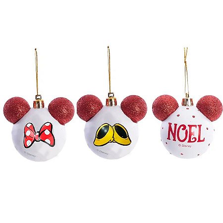 Kit Bolas de Natal Disney Mickey - Sortido - Vermelho, Branco e Amarelo - 6 cm  - 6 unidades - Cromus - Rizzo