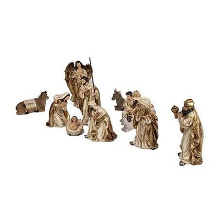 Presépio Marrom Claro e Ouro com 11 peças - 20cm - 1 unidade - Cromus - Rizzo