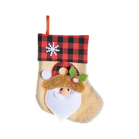 Bota Natalina Papai Noel Bege e Xadrez - 15cm - 1 unidade - Cromus - Rizzo