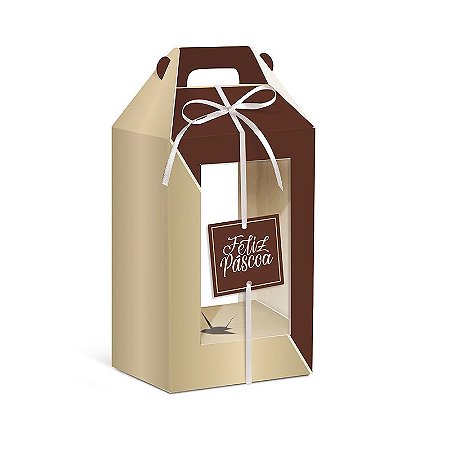 Caixa Maleta Vertical para Ovo 250g com Visor Duo Ouro Marrom 19,5x9x9cm 06 unidades - Cromus Páscoa - Rizzo Embalagens