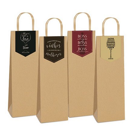 Sacola de Papel para Vinho com Tag - 35x13x8cm - Kraft - 10 unidades - Cromus - Rizzo