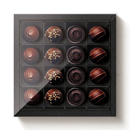 Caixa 16 Doces Quadrada Preto com Tampa Cristal - 10 unidades - 16,8x16,8x4cm - Cromus Profissional