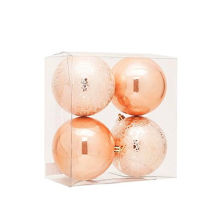 Kit Bola Perolada e Craquelada Rosê Gold 10cm  - 04 unidades - Cromus Natal - Rizzo