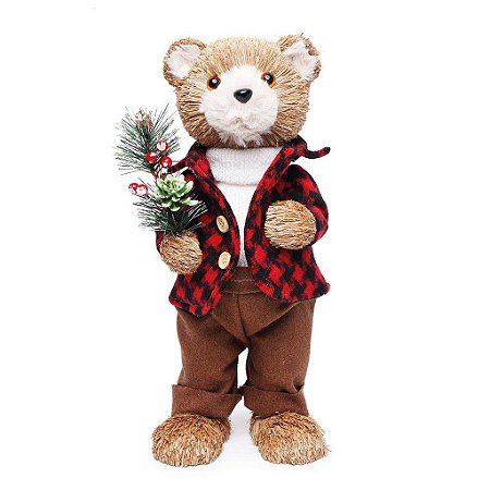 Urso em Pé Casaco Xadrez 38cm - 01 unidade - Cromus Natal - Rizzo