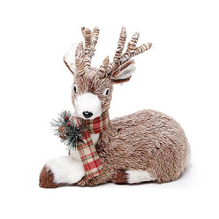 Rena Deitada com Fita Xadrez e Arranjo 26cm - 01 unidade - Cromus Natal - Rizzo