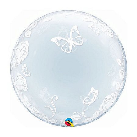 Balão de Festa Bubble Duplo 24" 60cm - Rosas e Borboletas - 01 Unidade - Qualatex - Rizzo Balões