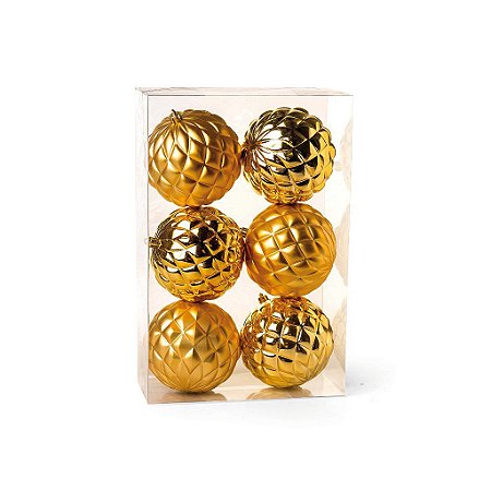 Kit Bolas Texturizadas Losango Dourado 8cm - 06 unidades - Cromus Natal - Rizzo