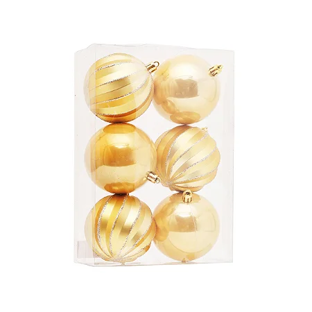 Kit Bolas Texturizadas e Lisas Dourado 8cm - 06 unidades - Cromus Natal - Rizzo