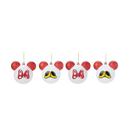 Bola de Natal Laço e Sapato Minnie - Branco/Vermelho - 8cm - 4 unidades - Cromus - Rizzo