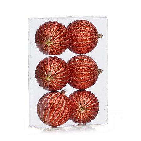 Kit Bolas Listras Vermelho e Ouro 8cm - 06 unidades - Cromus Natal - Rizzo Embalagens