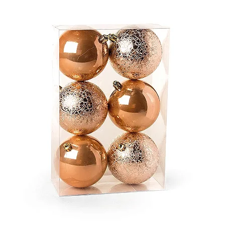 Kit Bolas Lisas e Craqueladas Cobre 8cm - 06 unidades - Cromus Natal - Rizzo