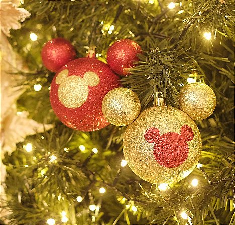 Kit Bola Mickey Silhueta Glitter Vermelho e Ouro 8cm - 04 unidades - Natal Disney - Cromus - Rizzo