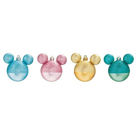 Kit Bola Mickey Azul e Rosa Glitter 8cm - 04 unidades - Natal Disney - Cromus - Rizzo