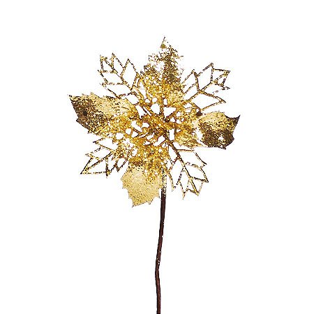 Flor Pétalas Vazadas Glitter Ouro 20cm - 01 unidade - Cristal Collection - Cromus Natal - Rizzo