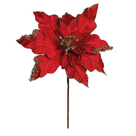Flor Cabo Médio Poinsettia Vermelho com Glitter Ouro 35cm - 01 unidade - Cromus Natal - Rizzo