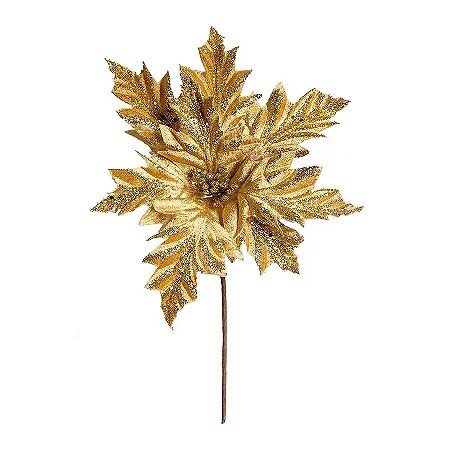 Flor Cabo Médio Poinsettia Veludo e Ouro Glitter 35cm - 01 unidade - Cromus Natal - Rizzo Embalagens