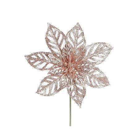Flor Cabo Curto Vazada Poinsettia Rose Gold Glitter 20cm - 01 unidade - Cromus Natal - Rizzo