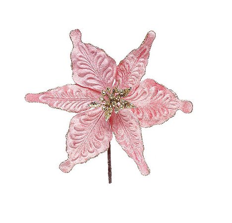Flor Cabo Curto Rosa com Glitter Ouro 20cm - 01 unidade - Cromus Natal - Rizzo