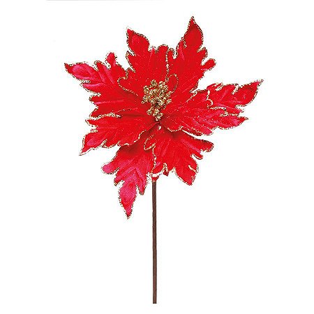 Flor Cabo Curto Poinsettia Vermelha com Borda Ouro Glitter 30cm - 01 unidade - Cromus Natal - Rizzo