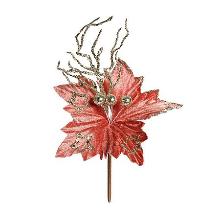 Flor Cabo Curto Poinsettia Rose e Glitter Nude 20cm - 01 unidade - Cromus Natal - Rizzo