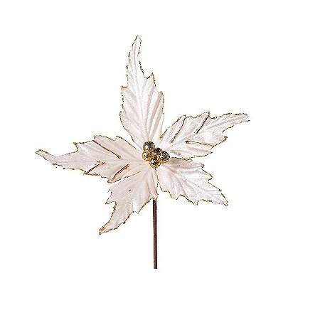 Flor Cabo Curto Poinsettia de Veludo Branco e Ouro 15cm - 01 unidade - Cromus Natal - Rizzo