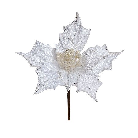 Flor Cabo Curto Poinsettia Branco com Glitter 15cm - 01 unidade - Cromus Natal - Rizzo