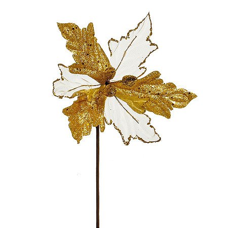 Flor Cabo Curto Branco e Ouro com Glitter 20cm - 01 unidade - Cromus Natal - Rizzo