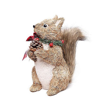 Esquilo Crespinho Em Pé Laço Xadrez Bege e Vermelho 31cm - 01 unidade - Cromus Natal - Rizzo Embalagens
